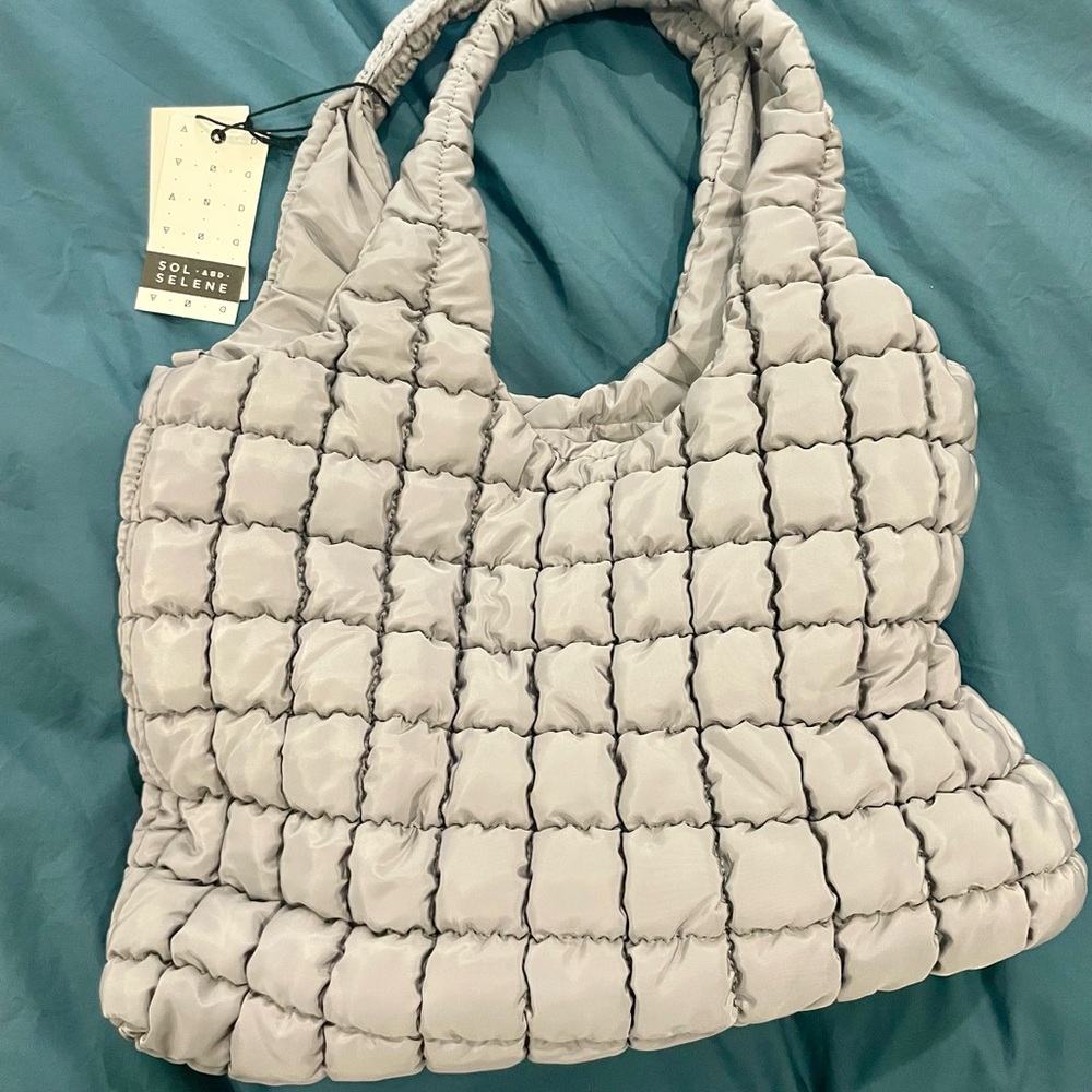 Gray Quilted Tote Bag with Puffy Design